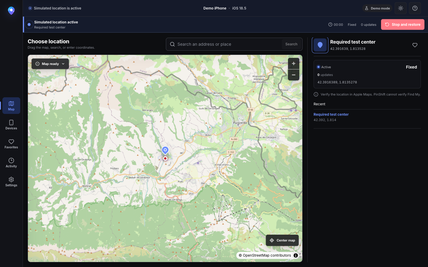 Active fixed-location simulation with the visible Stop and restore action