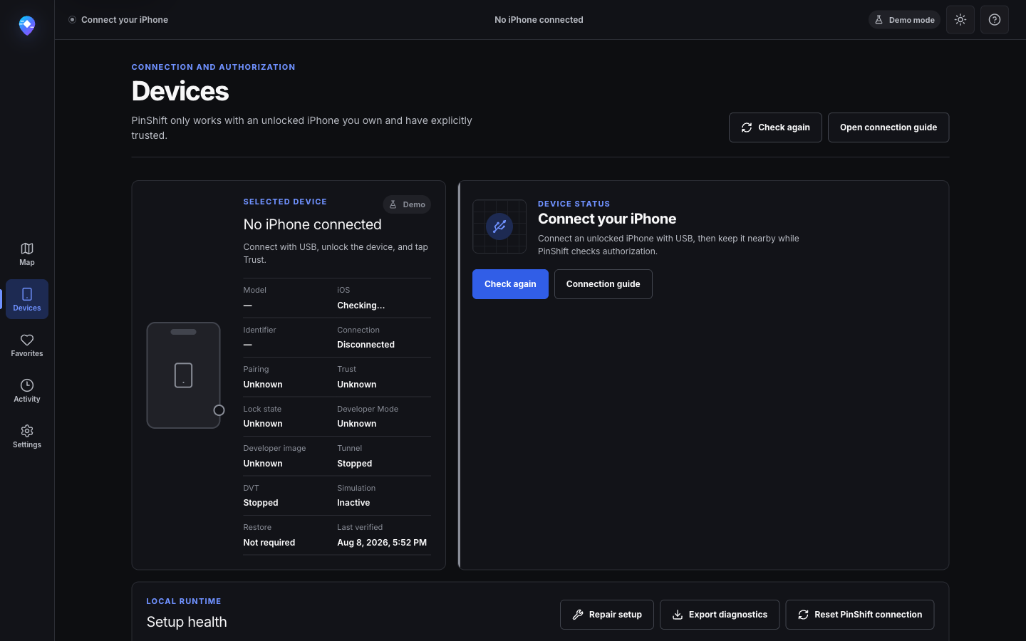 Device readiness guide in the no-device demo state without an identifier
