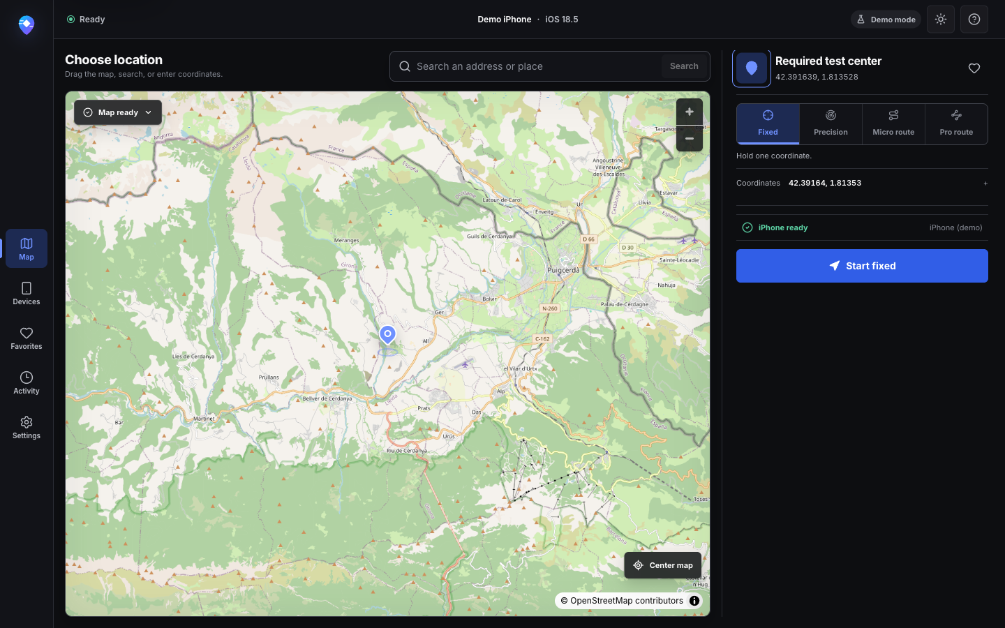 Map workspace with a selected demo coordinate and Fixed mode ready