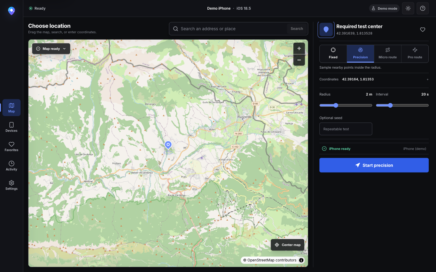 Precision mode with radius, interval, and optional repeatable seed controls