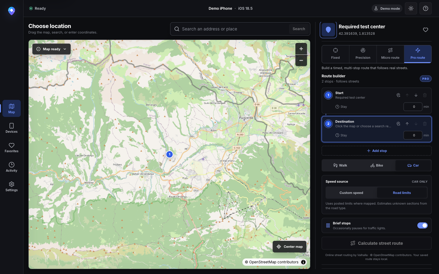 PinShift Pro Route interface in demo mode, with a map and route controls