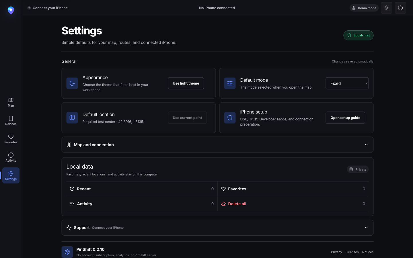 PinShift settings in dark mode with local data controls